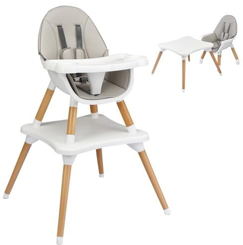 GYMAX Seggiolone per Bambini Multifunzionale, Doppio Vassoio Rimovibile, con Gambe in Faggio e Cintura di Sicurezza, 62 x 62 x 100 cm (Grigio)
