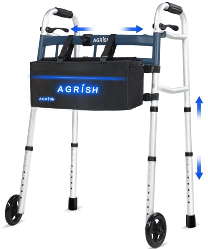 Agrish Narrow Walker for Small Spaces - Adjustable Height & Width, Lightweight Folding Mobility Walker with Wheels for Seniors & Disabled, Zimmer Frame with 2 Wheels, Supports 350 lbs