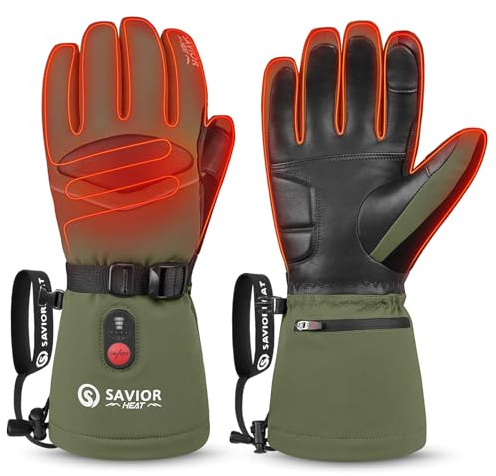 SAVIOR HEAT Heated Gloves for Men Heated Ski Gloves 10h Warm 7.4V 3000mAh Battery Thick Lining Waterproof Goatskin Palm Anti Loss Lanyard Outdoor Skiing Snowboarding for Winter (Green, Medium)