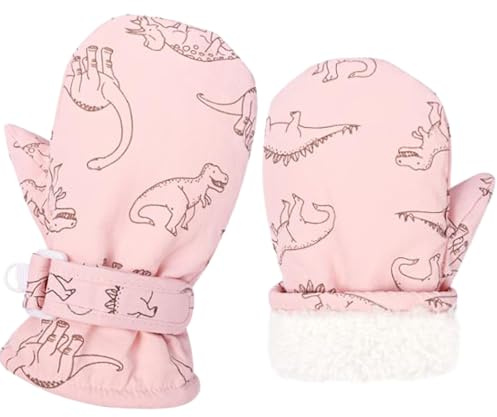 Kids Winter Ski Mitten Gloves Toddler Cartoon Dinosaur Snow Mittens with Fleece Lining Children Anti-Lost Thicken Warm Gloves Waterproof Full Finger Gloves Fluffy Fishing Mittens for Baby 2-8 Years
