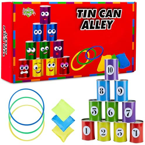 KreativeKraft Kids Games Outdoor Play Equipment for Kids Adults Family Garden Toys Sports Day Kit Egg and Spoon Race Ring Toss Sack Race Bean Bag Snakes and Ladders (Tin Can Alley)