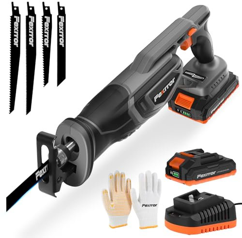 Fexrror 20V Sierra Sable Inalámbrica, Sierra Sable Bateria 2000 mAh, 4 Hojas de Sierra, Cambio de Hoja de Sierra Sin Herramientas, Corta Madera, Metal, Plástic, Ramas