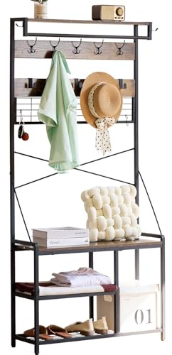 CHOSHOME Coat Rack Hallway Stand and Shoe Storage, Free Standing Hall Tree with Bench and Top Shelf, 15 Hooks and 2 Side Hooks, 83×29×180cm Vintage Brown and Ink Black for Hallway Entryway Living Room