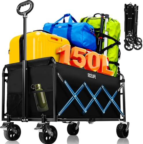 Carro Plegable de Mano, ACELIFE 150L Carrito Plegable con Ruedas con Mango Ajustable, Ruedas Todoterreno Capacidad de Carga de 150 kg para Camping, jardín, Exterior