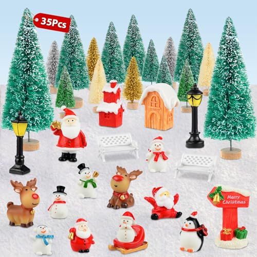 PLULON 35Pcs Christmas Ornament Figurines Mini Christmas Trees Snowman Santa Claus Xmas Village Accessories Bottle Brush Trees for Office Home Dollhouse Tabletop Winter Holiday Party Decorations