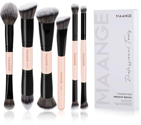 MAANGE 6-delat borstset makeup, professionell dubbelhuvud sminkborste foundation concealer puder rouge ögonskugga borstar, vegansk och krispig fri svart