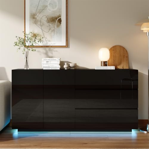 ZSSWSS Credenza Cucina con 3 Cassetti e 2 Armadi, Mobile Portaoggetti per Soggiorno e Ingresso, Madia Moderna, Mobili ingresso Moderno, 160x35x76 cm, Nero Lucida