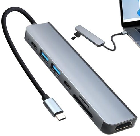 USB C-hubb, 7-i-1-multiportadapter, HDMI 4K@30Hz, RJ45 Gigabit-port, USB 3.0- och 2.0-portar, PD 100W, TF/SD-läsare, aluminiumhölje, kompatibel med iPad Pro, MacBook Pro, iOS, Android, PC