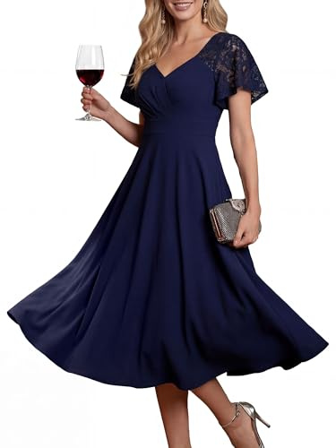 Ever-Pretty Robe Cocktail Élégante Col V Manches Courtes en Dentelle Bleu Marine pour Soirée Chic Bleu Marine 38