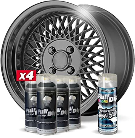AutoFullCar - Pack Llantas - 4 Sprays Full Dip Antracita Metalizado + 1 Spray de Barniz con Acabado Brillo - Vinilo Líquido de Fácil Aplicación - Wrapp