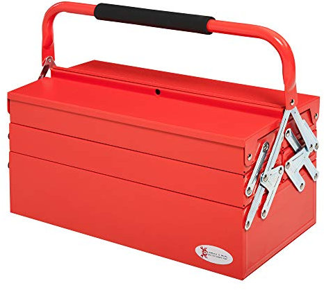 DURHAND Caja de Herramientas de Acero Plegable con 5 Compartimentos Maletín de Herramientas con Mango para Taller Hogar 45x20x34,5 cm Rojo
