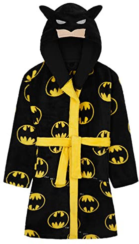 DC Comics Batman Bademantel Kinder Jungen, Fleece Morgenmantel Jungen Dressing Gown mit Kapuze (9-10 Jahre, Schwarz)