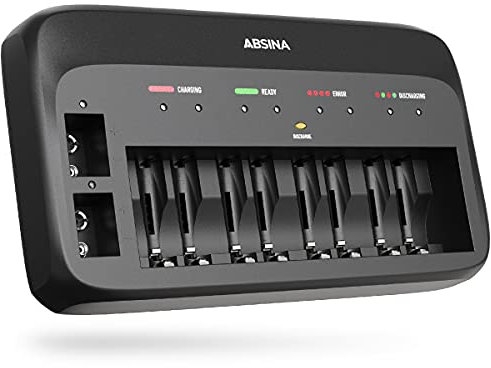 ABSINA Akku Ladegerät X10 für AA, AAA & 9V - Akkuladegerät 10-Fach zum Laden von wiederaufladbaren Akkus - NiMH Ladegerät Akku für AAA, AA & 9V