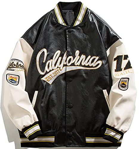 Minetom Giacca Uomo da Baseball Varsity Jacket Vintage Cappotto Unisex Lettera Felpa Motociclista Giubbotto da Coppia College Sweat Jacket Patchwork Oversized Giacche Cappotto Bomber Jacket E Nero XL