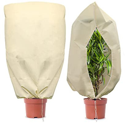 2Stück 80X100CM Winterschutz für Pflanzen-Frostschutztasche , 80g/m²Pflanzenvlies/Winterschutzvlies reißfest, mit Reißverschluss-Kordelzug,schützt Kübelpflanzen vor Vögeln,Frost,starkem Regen-beige