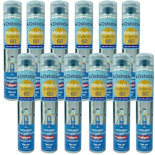 DSTOCK60 - Lot de 12 mousses expansives - 750 ml - Mousse polyuréthane professionnelle pistolable - Isole, colle et rebouche - Extérieur et intérieur