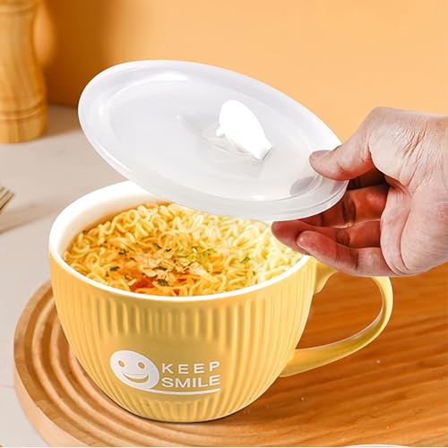 fMSDD Keep Smile Große Suppentasse mit Deckel, lustige Ikone Ramen-Schüssel, Keramikschalen mit Griff und Deckel, 800 ml, Aprikosengelb