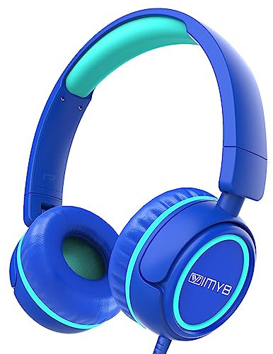 IMYB Kinder kopfhörer, Kopfhörer für Kinder mit Kabel, faltbar, Stereo Sound, Sichere Lautstärkebegrenzung, 3,5 mm Jack, Over Ear Kinderkopfhörer für Schule, Junge, Mädchen, Tablet, PC, Blau