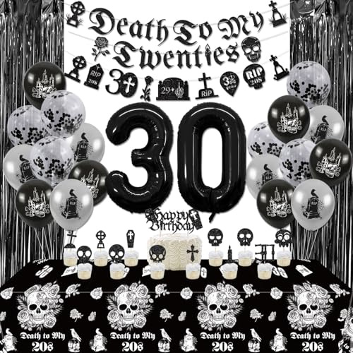 Decoración De 30 Cumpleaños - Incluye Pancartas, Mantel De Calavera, Globo Del Número 30, Cortina De Flecos Negros Y Adornos Para Magdalenas De Tarta Para La Decoración De Fiestas De Halloween