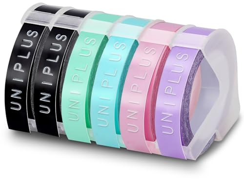UniPlus 6x Nastro Compatibile di Ricambio per Embossing Tape Nastro per Etichette 3D di Nero, Colore Chiaro per Omega Home Junior Organizer Xpress Pro Office-Mate II Motex E-101 E-303 Embosser
