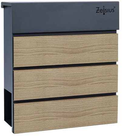 Zelsius Buzón de madera con compartimento para periódicos, color antracita RAL7016 con aspecto de madera, efecto de cierre suave integrado, montaje en pared o soporte, buzón de pared, buzón de correo,