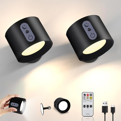 Vägglampa inomhus med fjärrkontroll 2 st, LED-vägglampa utan strömanslutning, batteri 2 000 mAh, 360° roterbar, beröringskontroll färglägen och ljusstyrka, sänglampa lä för sovrum vardagsrum