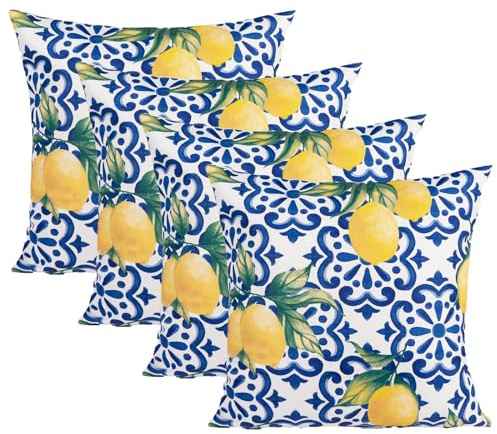 OHS Cushions for Outdoor Furniture Lemon Print, 45 x 45 Cushion Covers for Inserts Outdoor Garden Seat Cushions Soft Comfy Decorative, Blue 4 Pack