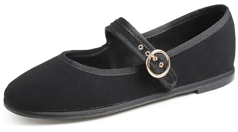 Feversole Women's Soft Breathable Mary Jane ，Mujer Zapatillas Merceditas Mary Jane de Pana Negro con Hebilla Redonda 39 EU