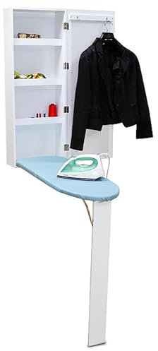 RVUEM White, Foldable Ironing Storage Station, Wall-Mounted Mirrors, Wall Mounted Rotating Ironing Board, with Storage Cabinet, Built in Ironing Board & Folding Support Leg, for Small Spaces