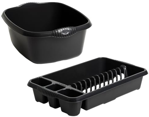 ( Set Of 2 ) 39cm Midnight Greyish Rectangular High Grade Plastic Washing Up Bowl With Stylish Medium Dish Drainer Plate Rack Draining Board Tray Stand Sink Holder Organiser Kitchen Home & Restaurants