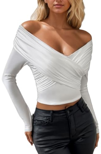 EMOTTOS Femmes Longues Manches Crop Top, Y2K Modèle Sexy à Épaules Découvertes T-Shirts, Extensible Décontractés Couleur Unie Hauts Torsadé sur la Poitrine, Blanc, L