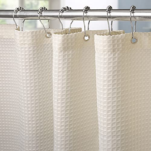 VANZAVANZU Shower Curtain for Bathroom with Metal Hooks Waffle Fabric Shower Curtain Heavy Duty Bath Curtain for Wet Room Bathtub Shower Stall, Weighted Hem, Waterproof - 275 x 182cm (Cream)