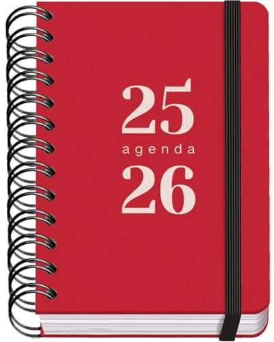Dohe - Skolkalender 2025 2026 - Dag per sida, Storlek A6 (12x17 cm), Spanska och Engelska, September till Juni, Dubbelspiralbindning och Resårband, Flexibelt omslag, 4 Klistersidesark - GRAMMAR Röd