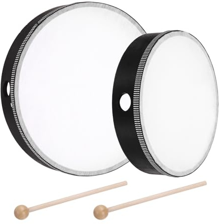 sourcing map 2 Pcs Hand Drum Music Percussion 10 Inch & 8 Inch Wood Frame Drum Set with Drum Stick Musical Instrument for Musical Education Home Party Performance Supplies (Black)