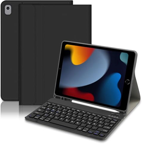 Hofsos Hülle mit Tastatur für IPad 10.2 Zoll 9/8/7 Generation (2021/2020/2019) - QWERTZ Layout Keyboard, Magnetische Abnehmbare Schutzhülle Tastatur mit Pencil Halter für IPad Air 3, Pro 10.5, Schwarz