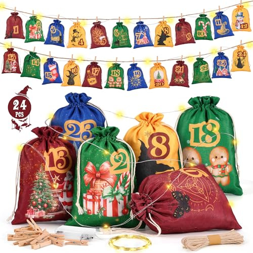 DazSpirit Calendario Dell’Avvento Da Riempire 2025 Con Luci LED, 24 Sacchetti Di Stoffa Natalizi, Decorazioni Di Natale, Mollette Di Legno, Corda Di Canapa, Sacchetti Calendario Dell’Avvento