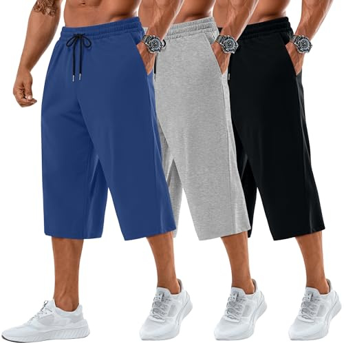 Neer 3 Pack Men's Baggy Capri Pants Plus Size Below Knee Casual 3/4 Shorts Big and Tall Summer Drawstring Pants with Pockets(Black, Light Mixed Gray, Blue,Large)