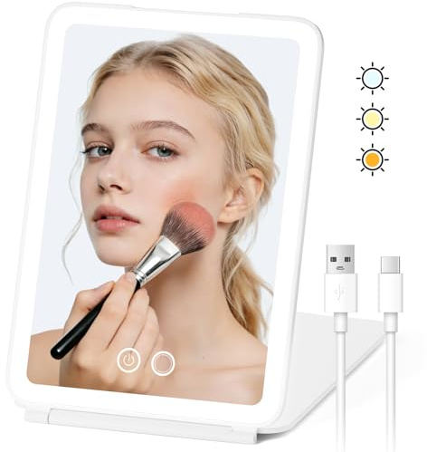 BNEHHOV Espejo de Belleza Portátil con luz Espejos de Maquillaje de Viaje Recargable de 2000 mAh con 72 LED, 3 Modos de Luz de Color, Control Táctil Espejo Cosmético Plegable LED de Mesa