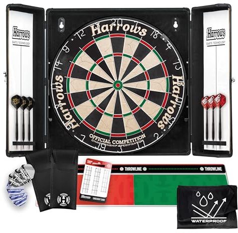 Harrows Top Shot Dartschrank-Set | Offizielle Wettkampf-Dartscheibe, Aluminiumschrank, 6 Trophäen-Darts, Oche-Wurflinie & wasserabweisende Abdeckung | Komplettes Dartscheiben-Geschenkset