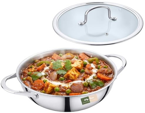 WG inc Stainless Steel Wok with Lid, Triply Kadhai, 26 CM, Stir-Frying Pan for Stews, Sauces, Deep Saute, Triply Wok Pan, 3 litres, Trasparent Cover, Induction Compatible Cookware, Oven Safe