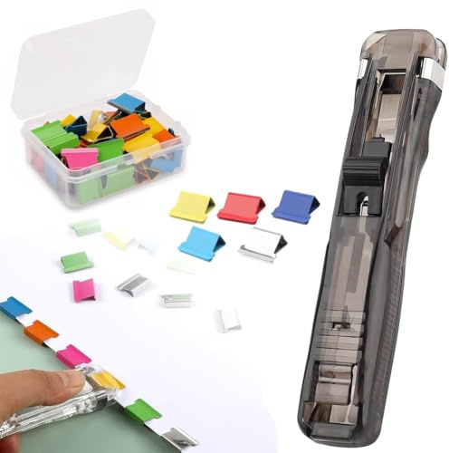Clam Clip Dispenser,Binder Clips,Desktop Push Stapler with 50 Portable Refill Clips,Paper Clamps,Paper Binder,Wall Stapler,Seamless Staplers Clip for School Office Home Document (Black)