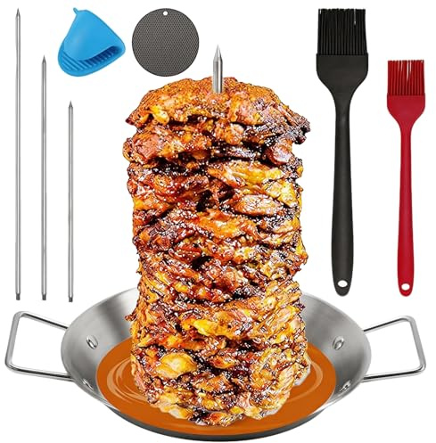 Dönerspieß Grill, Vertikaler Grillspieße Set aus Edelstahl mit 5 Abnehmbaren Spikes und 2 Bürsten Vertikale Grillspieß Halterung Hängende Kebabspießständer für OfenStand-Up-Barbecue