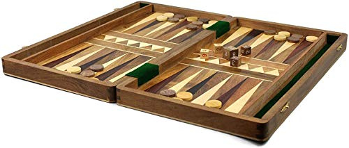 Backgammon - Juego de tablero con incrustaciones de madera maciza hecha a mano con piezas de backgammon y dados dobles incluidos 25,4 cm
