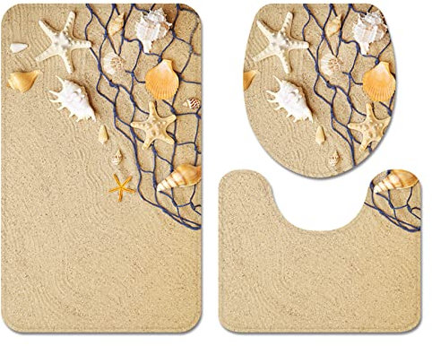 Badematten Set 3-teilig Seestern Strand Hülse Fischernetz Bunt Badezimmerteppich WC Vorleger mit Ausschnitt Set Rutschfeste Waschbar Flanell Toilettensitzbezug Combo (Farbe 4,40×60 cm 3PCS)