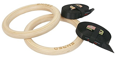 Jazooli Pair of Wooden Wood Gymnastic Olympic Gym Rings 2x Strong Non-Slip Comfortable 230mm Hoops with Adjustable Straps Workout Strength Core Training