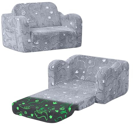 MeMoreCool Kids Dinosaur Couch – Foldable Toddler Chair, Glow-in-The-Dark Flip-Out Sofa, Convertible Lounge Seat for Boys Ages 1–3, Plush Fold-Out Kids Lounger with Washable Cover (Gray)