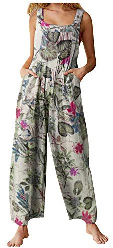 Edhomenn Women Summer Dungarees Multicolor Patchwork Square Neck Long Jumpsuit Playsuit Sleeveless Casual Baggy Overalls Rompers (B-Beige, M)