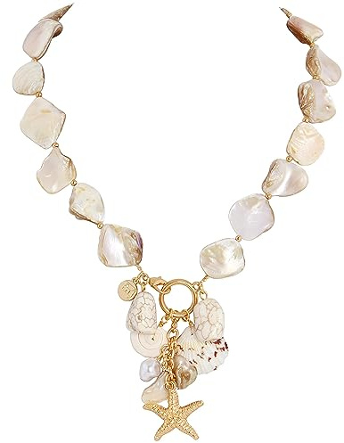 Firstmeet Natural Freshwater Shell Choker with Pearl Starfish Turquoise Pendant Mermaid Beach Vacation Necklace for Women(XL-1222-Nature)