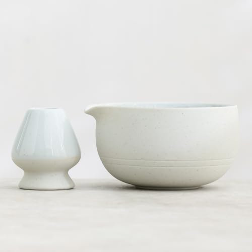 Ochcahser Matcha-Set, japanisches Teeset, enthält Matcha-Schüssel mit Ausgießer, Matcha-Schneebesenhalter (Chasen), 430 ml, handgefertigte, grobe Keramik, Matcha-Set für Matcha-Liebhaber