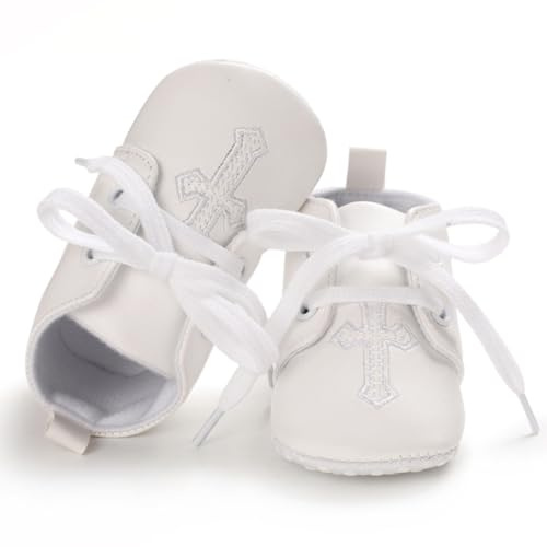 CAMDOM Zapatos de bautizo para recién nacido, con bordado de cruz para primera comunión, Estilo 01 - Blanco, 3-6 Months Infant